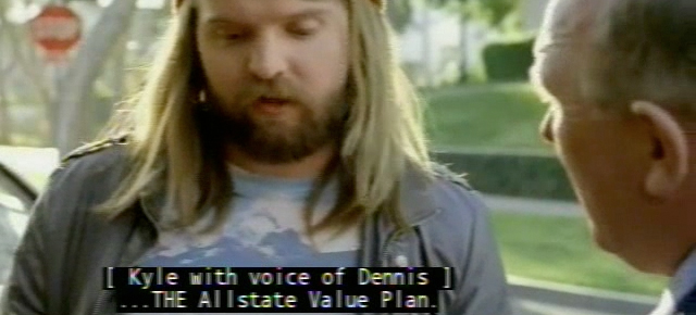 Kyle talking with Roger in a screenshot from an Allstate commercial