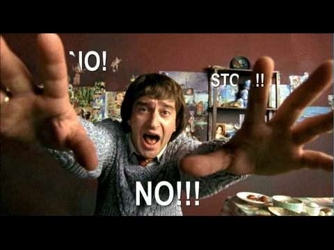 An animated gif from Night Watch featuring a subtitle that screams in large typeface as the subtitles surround and follow the speaker as he crashes against the wall. Subtitles: NO! NO!!! STOP!!!