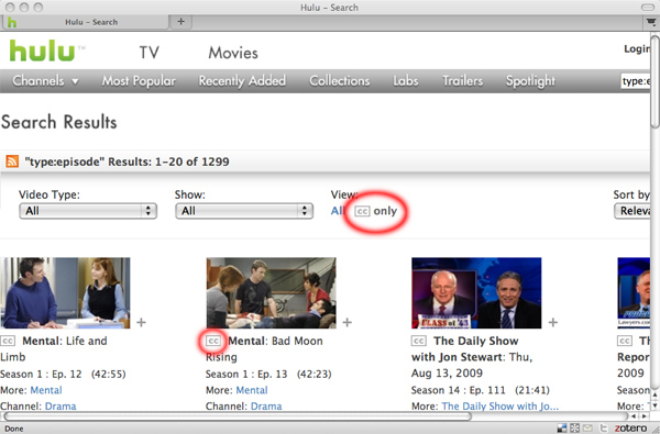 A screenshot of the Hulu website, showing search results for "cc" content on August 17, 2009