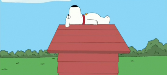 A screenshot from Family Guy featuring Brian on top of a red doghouse, reminiscient of Snoopy from the Peanuts series.
