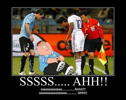 Grabbing his knee in pain, Peter is inserted into a photo of soccer players on the field. The caption reads: 