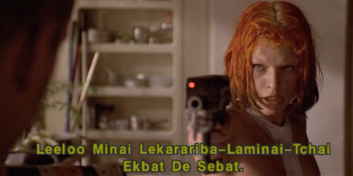 A frame from The Fifth Element featuring Milla Jovovich pointing a gun at the camera and her character's full name in the caption