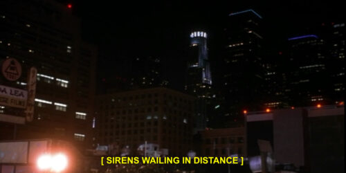 A frame from Prophecy 3: The Ascent featuring a cityscape at night and the closed caption: [SIRENS WAILING IN DISTANCE]